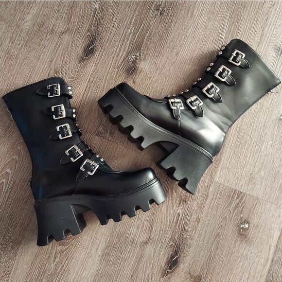 Women's Goth Punk Boots Platform Combat Belt Buckle Studded Mid Calf Chunky Boot - Picture 7 of 9